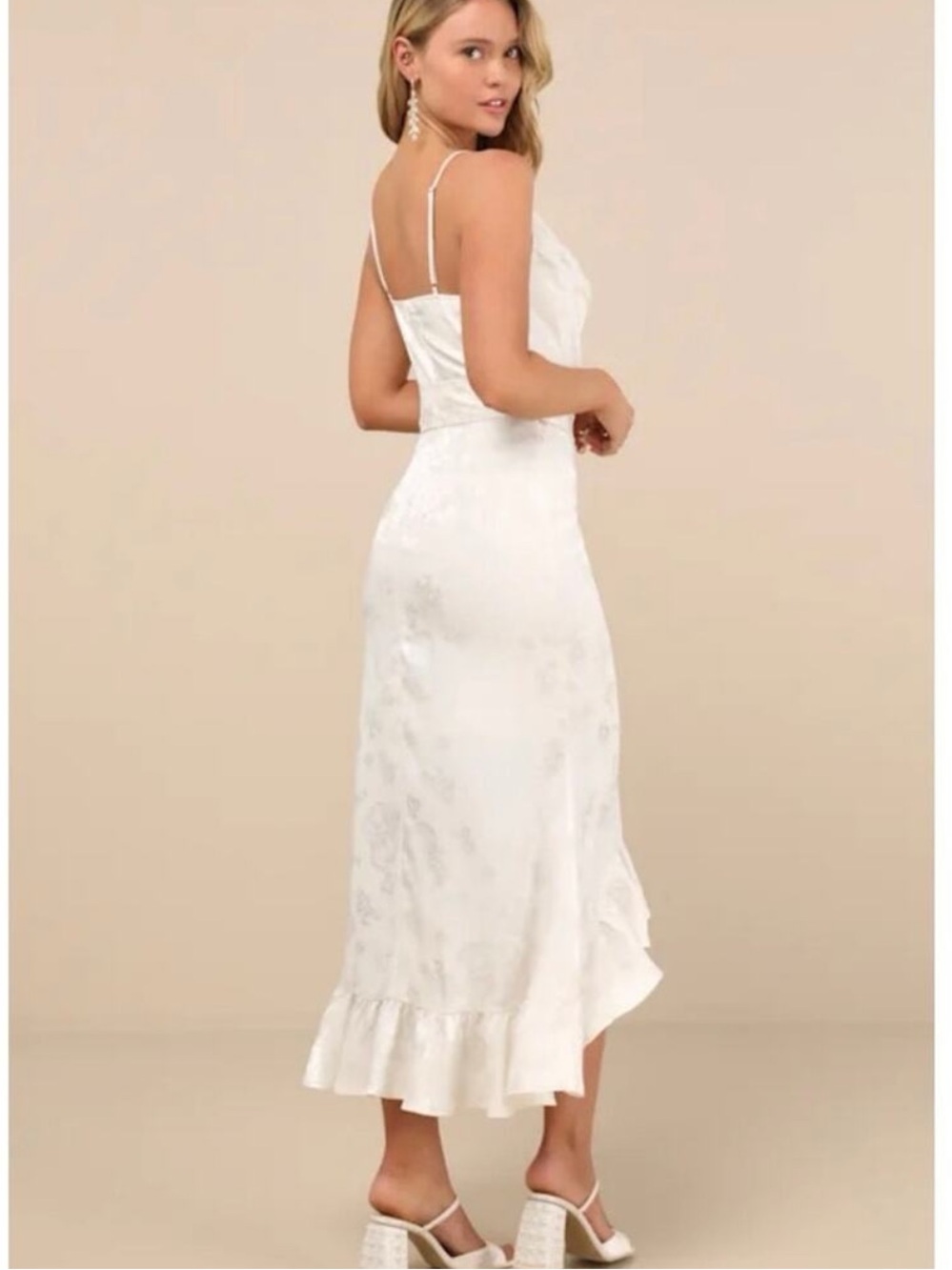 Lulus Modern Passion NWT size XL Ivory Floral Satin Jacquard Ruffled Midi Dress - Picture 2 of 12